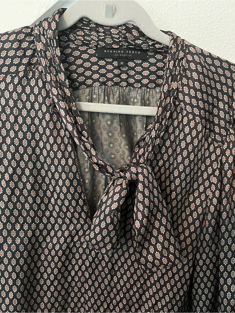 Burning Torch Black Blouse with Pink Geometric Print and Tie Neck - Picture 3 of 5
